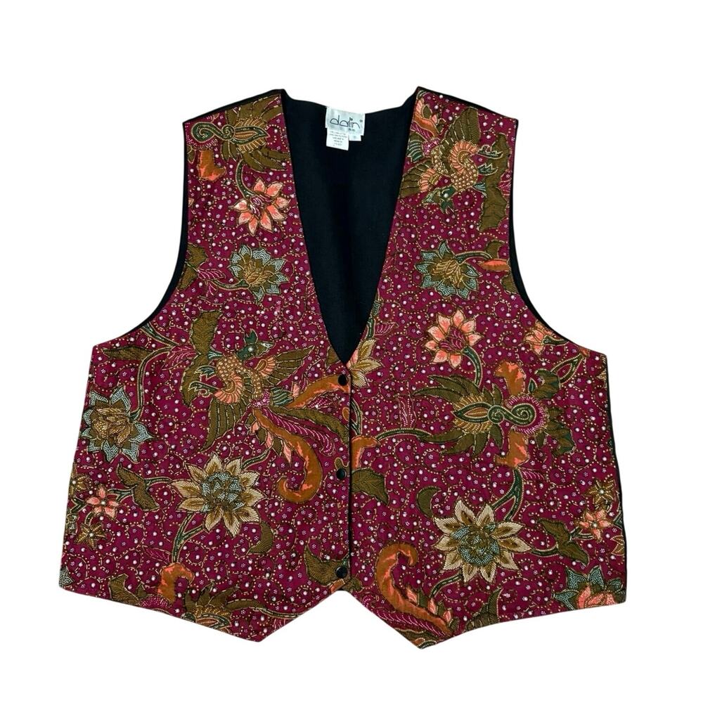 Dalin Plus 1X Hand Beaded Floral Bird Cotton Vest Boho Art to Wear Vintage